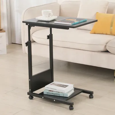 Immagine prodotto di Tavolino per computer - Tavolino per laptop su ruote - Regolabile in altezza 63–95 cm - Piano 56,5×37 cm - Struttura in metallo - Piano in legno - Ripiano - A forma di U - Nero