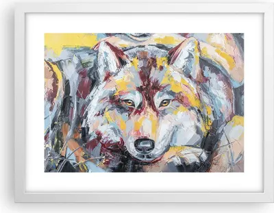 Produktbild von Gerahmtes Poster - Weißer Rahmen - Öl Wolf Hund - 40x30 cm - Wand Bild - Wanddeko - Wandbilder - Kunstposter - Wandposter - Bilderrahmen - Bilder - Kunstdruck - Wanddekoration - P2WAA40x30-4673
