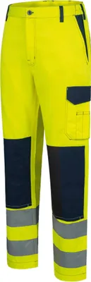A pair of yellow work pants with navy blue accents and reflective stripes.