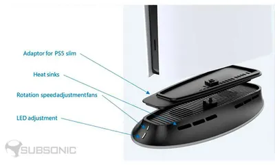 Image de Support vertical pour PS5 et PS5 Slim, de la marque Subsonic, avec ventilateur à 2 vitesses et éclairage RGB
