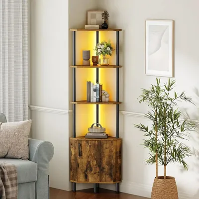 Produktbild von Eck-Bücherregal - Schrank/Regal - LED-Beleuchtung - 5 Ebenen - Mit Tür - Stauraumschrank - Metallrahmen - Holzdekor - Braun