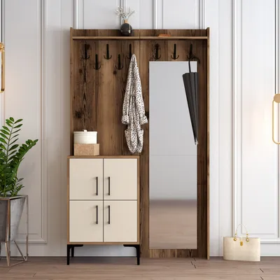 Image de Skye Decor, Berlin BC - Walnut, Cream, porte-manteau, noyer, 100 % panneau de particules mélaminé, 120 x 35 x 200 cm