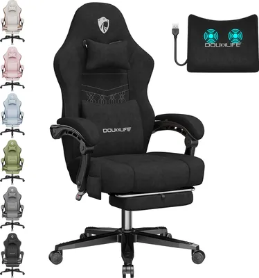 A black gaming chair with a footrest and a massage pillow, shown with several other colored chairs lined up on the left.