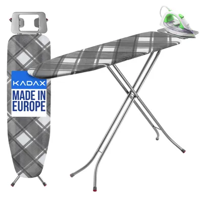 A folded ironing board with an iron on top, set against a white background.