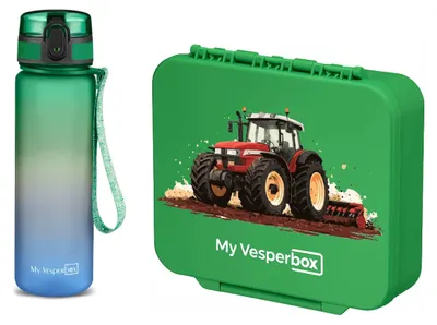 Produktbild von My Vesperbox Liv Brotdosen-Set – Box Grün - Traktor, Minny Trinkflasche Grün/Blau (500 ml)
