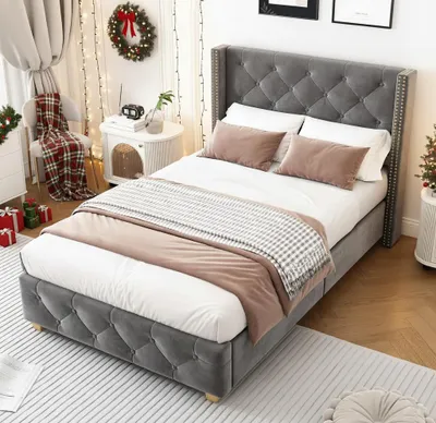 Produktbild von okwish Polsterbett 90×200 Einzelbett Jugendbett Kinderbett mit Lattenrost und Kopfteil, Knopfpolsterung,Nietenpolsterung aus Samt, Grau(ohne Matratze)
