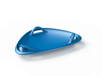 A blue sledding plate on a white background.