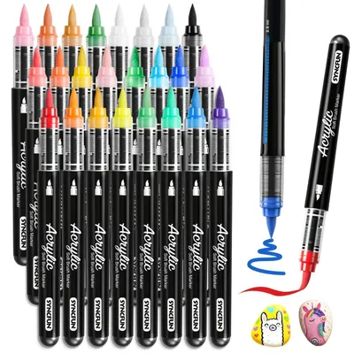 Productafbeelding van Acrylverfmarkers voor steen, 24 kleuren, met penseelkop, vaatwasmachinebestendig, geschikt voor stof, porselein, canvas, hout en glas