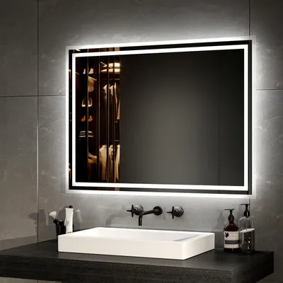 Zdjęcie produktu dla Lustro łazienkowe EMKE LED z oświetleniem 80X60 cm, z powłoką przeciwmgielną, lustro ścienne, lustro łazienkowe z przełącznikiem mechanicznym, barwa światła 3000K/6500K, IP44