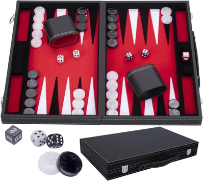 Productafbeelding van Engelhart - 250507 - Luxe backgammon - Rood - 38 cm - 15 inch - Kunstleer - Viltinlegsel - Parelmoer-dobbelstenen en speelstenen + 2 bekers - Strategie - Backgammon spel