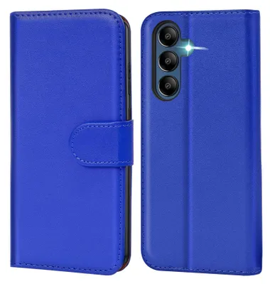 A blue flip case for a smartphone is shown from the front and back.