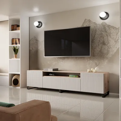 Produktbild von TV-Schrank Noe III Fernsehschrank TV-Lowboard 200 cm vertikal gefräste Fronten modernes Design dreitürig Wohnzimmer (Farbe: artisan, weiß)