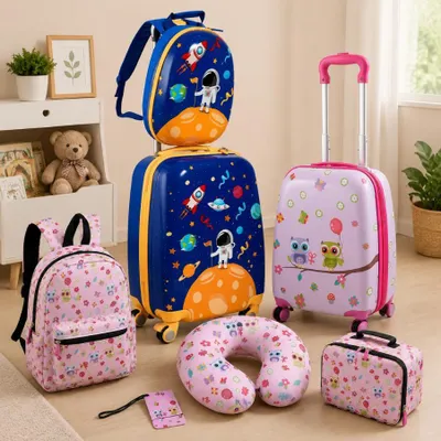 Produktbild von 5-teiliges Reiseset für Kinder (2-teilig) – 16-Zoll-Zebra-Kofferset & Astronauten-Trolley-Set