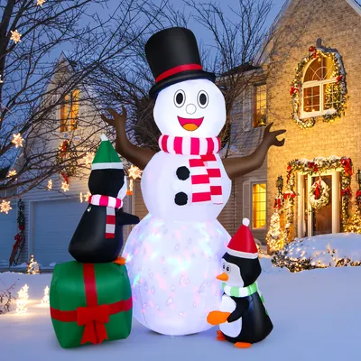 Produktbild von GOPLUS 180cm aufblasbarer Schneemann mit bunt LED-Lichtern, Weihnachtsdekoration mit Pinguinen, Weihnachtsfigur XXL für aussen innen, Weiß