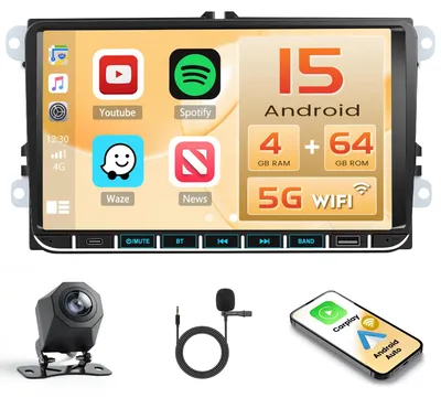 Immagine prodotto di Autoradio Android 15 con schermo da 9 pollici, 4GB di RAM e 64GB di memoria, compatibile con CarPlay wireless e Android Auto