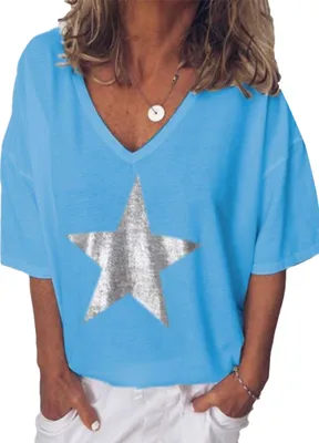 Produktbild von Plus Size Sommer Frauen Star V-Ausschnitt Kurzarm T-Shirt Einfarbig Loose Top Blau L.