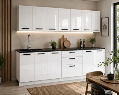 Produktbild von ULWEHOME | Küchenzeile 2,6 m Weiß Hochglanz, Küchenmöbel-Set mit Hängeschränken, 3-Schubladen-Unterschrank & geteilten Arbeitsplatten 180 cm