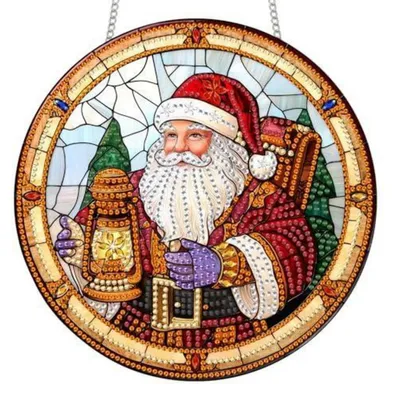 Zdjęcie produktu dla Zestaw do tworzenia obrazów diamentowych "Świąteczny Mikołaj w oknie", akrylowa płyta z łańcuszkiem, 20x20 cm, do samodzielnego wykonania