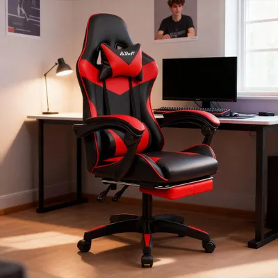 Image de Chaise de gaming – Fauteuil de jeu ergonomique avec support lombaire et repose-tête réglables – Rouge