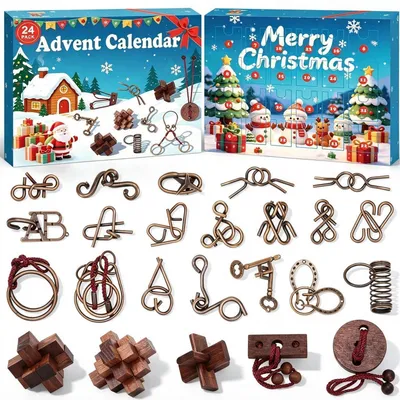 Productafbeelding van Adventskalender 2026: Puzzelspelletjes. 24 dagen aftellen met metalen ringen en houten IQ-puzzels