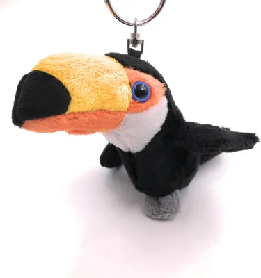 Produktbild von Onwomania Plüsch / Kuschel / Stoff Tier Schlüsselanhänger Tukan Spechtvogel schwarz 14 cm
