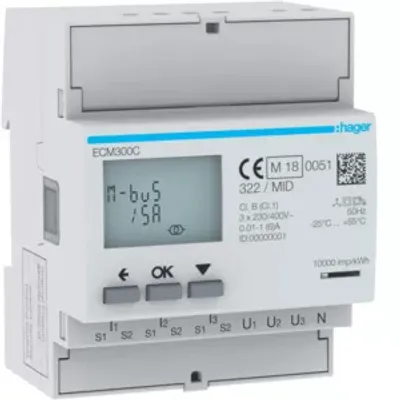 Zdjęcie produktu dla Licznik energii Hager 3ph, pośredni, MBUS, MID ECM300C