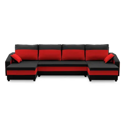 A sectional sofa with a U-shaped configuration, featuring a combination of black and red upholstery. The sofa has multiple cushions and what appears to be storage compartments underneath.