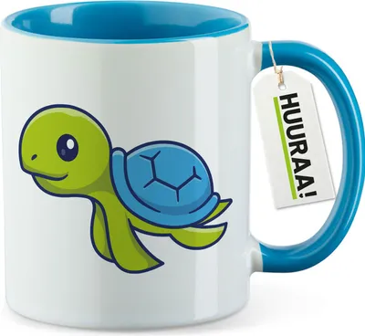 Produktbild von Huuraa Kaffeetasse Schildkröte Comic 330ml Blau Keramik Kaffeebecher Geschenkidee
