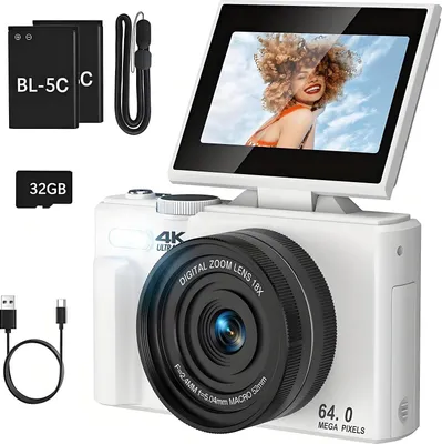Produktbild von Einsteiger-Mirrorless Kamera Schüler, 4K Digitalkamera, HD Fotokamera, Autofokus Kompaktkamera, Beauty-Filter, Weiß, 32GB,2 Akku