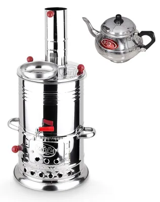Produktbild von Holzkohle Samowar Kömürlü Odun Semaver Camping Teekocher mit Teekanne ca 3,5 L