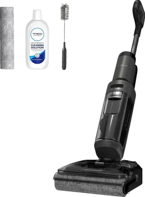 A Tineco Floor One S6 Stretch Wet & Dry vacuum cleaner and its accessories are displayed against a white background.