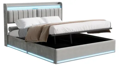 Immagine prodotto di Letto imbottito - Letto matrimoniale 140 x 190 cm - Struttura del letto con LED e rete a doghe - Letto con sistema di sollevamento idraulico per riporre oggetti - Testiera con vano portaoggetti e porta USB - Rivestimento in velluto - Grigio