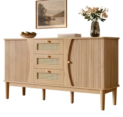 Image de Buffet/Commode en rotin, portes coulissantes, étagères réglables, plateau arrondi