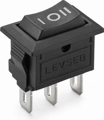 A black electronic switch with silver metal terminals, shown from a slight diagonal angle against a white background.