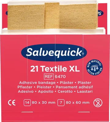 Immagine prodotto di Salvequick® 6470 strisce di cerotto - 6x 21 pezzi, extra large, cerotti elastici in tessuto, inserto di ricarica