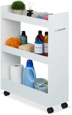Obrázok produktu pre Voľne stojaci vozík do kuchyne – 3 priehradky – 78 x 21,5 x 63 cm – Vhodný do kúpeľne alebo kuchyne – Materiál: MDF – Úzka skrinka do kúpeľne – Na kolieskach – Biela
