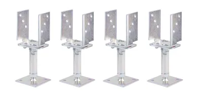 Four galvanized steel post anchors are arranged in a row against a white background.