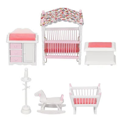 Produktbild von Puppenhaus-Schlafzimmermöbel-Set im Maßstab 1:12, Miniatur-Puppenhaus-Schlafzimmermöbel aus Holz, rosa, weiß, Zimmerzubehör, Spielzeug
