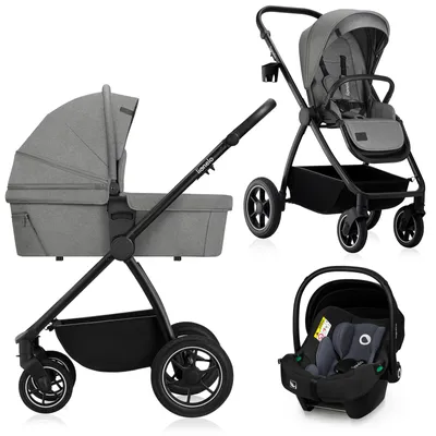 Produktbild von Kočárek Lionelo Meril 3v1, nosítko do 9 kg, dětská autosedačka do 13 kg, 0-48 měsíců do 22 kg, 360° terénní kola, celoodpružený - šedý