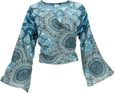 Produktbild von Kurztop, Boho Blusentop, Wickeltop, Wickelbluse - Türkis/weiß, Damen, Blau, Viskose, Blusen & Tunikas