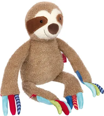 A plush sloth toy is shown against a white background.