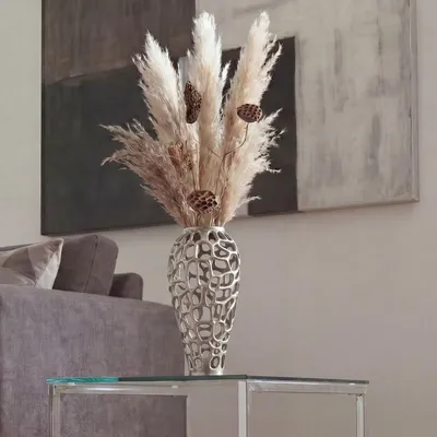 Produktbild von WOHNLING Dekovase Aluminium 45cm Silber Design Blumenvase Groß Metallvase Modern Bodenvase rund für Trockenblumen Standvase Hoch Wohndeko Handmade