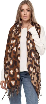 Produktbild von Glamexx24 Damen XXL Schal Kuscheliger warmer Leoparden Muster 3 farbiger Fransen Poncho Schal Oversized Deckenschal Dunkelbraun-Beige