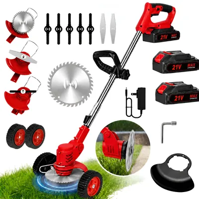 Produktbild von 21V Akku Rasentrimmer mit 2 Akkus & Ladegerät, Räder, Teleskopstiel, Gras Trimmer Elektrisch für Garten