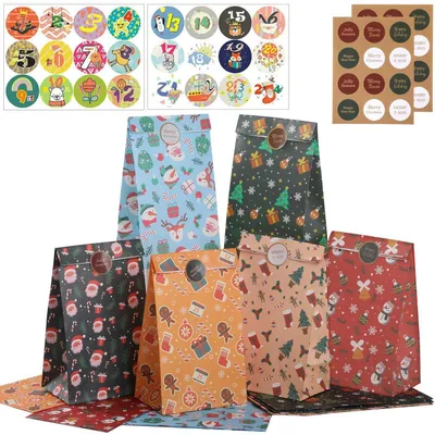 Immagine prodotto di Sacchetti di carta kraft, confezione da 24, ideali per creare un calendario dell'Avvento da riempire con adesivi. Dimensioni: 22x12x8 cm. Multicolore