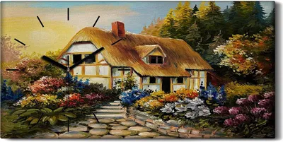 Produktbild von Wanduhr Bürouhr Leinwand Bild 60x30 Malerei Blumen Bäume Hütte Landschaft Natur - schwarze Hände