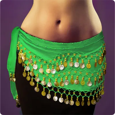 Produktbild von Belly Dance Bauchtanz Hüfttuch Kostüm 128 goldfarbenen Münzen Münzgürtel Fasching Karneval Tanzaufführung Gürtel in grün