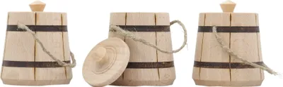 Produktbild von Gewürzbehälter aus Buchenholz für Pfeffer und Salz, Fässchen mit Deckel und Schnur, 3 Stück.