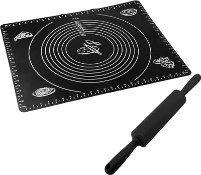 Produktbild von Silikon Backmatte Silikonmatte 50 x 40 cm + Teigrolle Schwarz SILICO