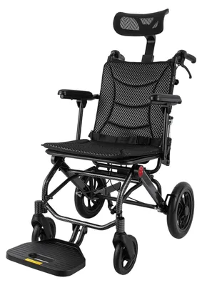 Obrázek produktu pro Invalidní vozík - Skládací transportní invalidní vozík - Lehký, nosnost až 130 kg - Sklápěcí, s ruční brzdou na madlech - Vhodný pro seniory a těhotné ženy - Černý